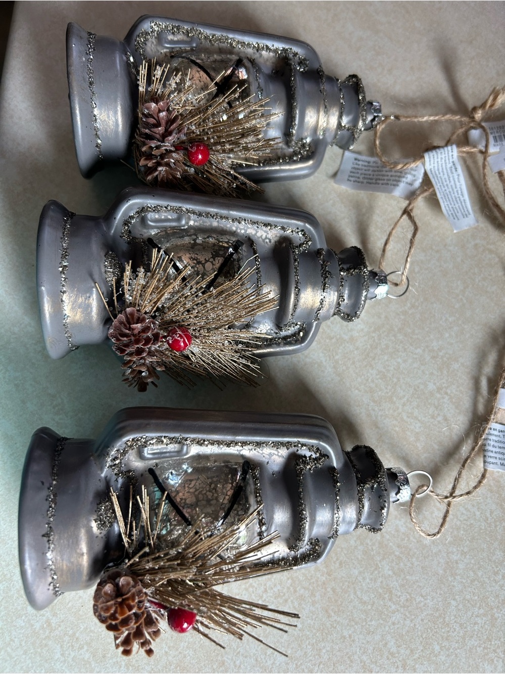 Pottery Barn Silver Lantern Ornament with Pinecone & Red Berry Accents